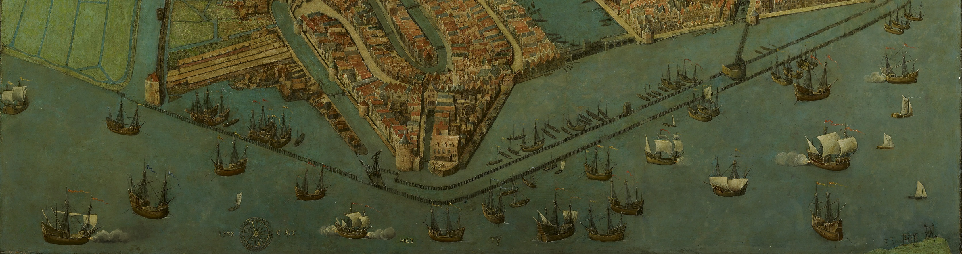 Het havenfront van Amsterdam het schilderij van Cornelis Anthoniszoon (1538). Linksboven de Montelbaanstoren, rechtsonder het galgenveld op de Volewijk.