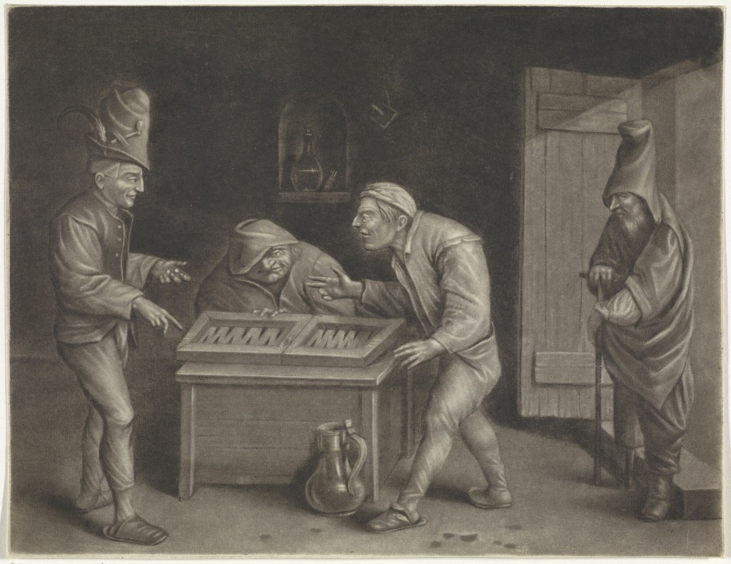 Mannen spelen triktrak (trichake) in de tekst genoemd.  Jan van der Bruggen, 1659 - 1740